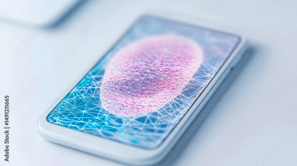 Aufkleber mobile technology: smartphone displaying a digital sphere of interconnected lines on a brightly lit 