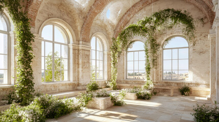 Romantic floral interior, wedding venue with stone columns, arches, and abundant greenery adorning the architectural elements