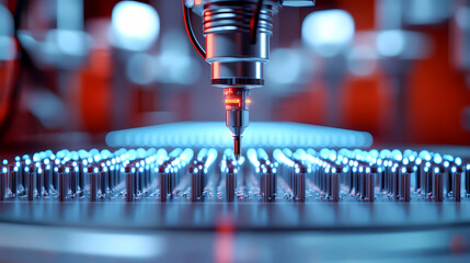 A robotic arm precisely assembles microelectronic components on a circuit board under bright, focused lighting in a high-tech environment.