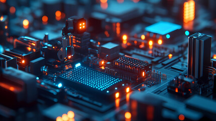 A futuristic circuit board with glowing lights and microchips, representing advanced technology and artificial intelligence.