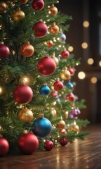 Vibrant baubles adorn a Christmas tree, bokeh lights glow ,  joyful,  season