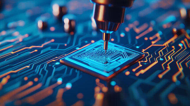A close-up of a robotic arm assembling a microchip on a glowing, blue-lit circuit board in a high-tech environment.