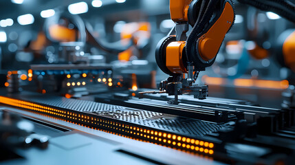 A robotic arm assembles electronic components with precision in a high-tech, automated manufacturing facility.