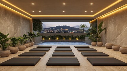 Fototapeta premium This serene yoga studio features a tranquil space for practice, an indoor pool, and a stunning view of the city, filled with natural light, creating a relaxing environment that embodies the