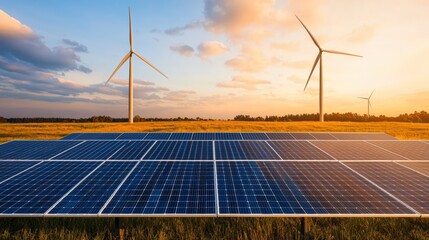 Solar panels and wind turbines are working together in a field, generating clean energy and symbolizing digital sustainability
