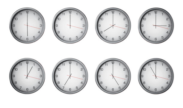 Modern wall clocks showing different time zones of world cities on transparent background. 3D illustration