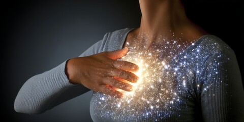 Hand touching glowing stars radiating from chest