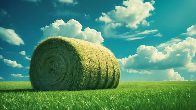 A massive stack of mowed hay on a grassy meadow, with a horizon and white clouds under a clear sky