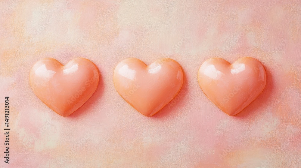 Poster three peach-colored hearts arranged in a row on a pink background.