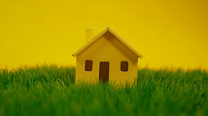 Dream home concept: A small yellow house in green grass against a yellow setting