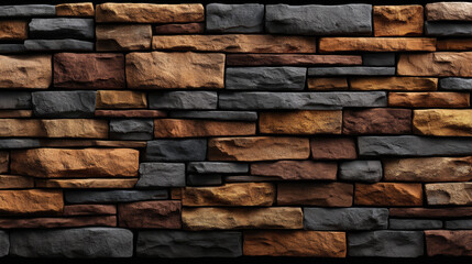 Obraz premium An exterior wall shows a pattern of brown, grey and tan rectangular stones that create a textured background perfect for various design applications.
