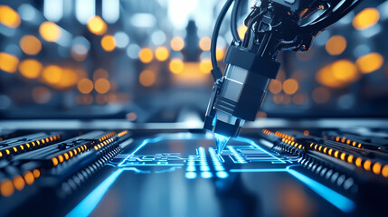 A robotic arm precisely assembling a microchip on a circuit board in a modern, high-tech environment.