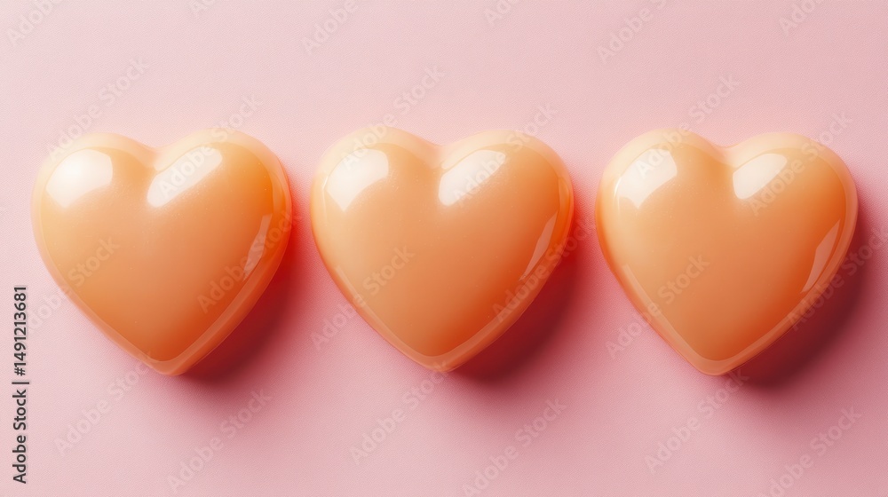 Poster three peach-colored heart shapes arranged in a row on a pink background.