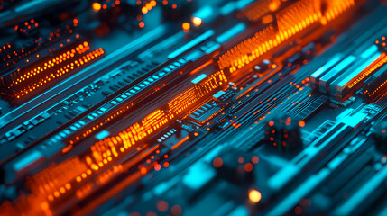 A close-up image of an illuminated computer circuit board with blue and orange glowing elements.