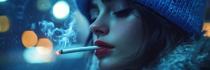 Fototapeta premium A young woman wearing a blue knit hat is seen exhaling cigarette smoke while standing outside during the winter season