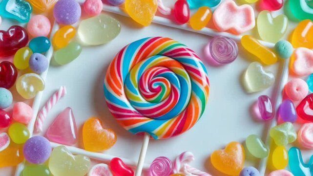 Brightly colored mixed sweets. Overhead view border against a background.