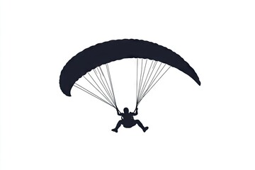 Silhouette of a person paragliding against a white background.