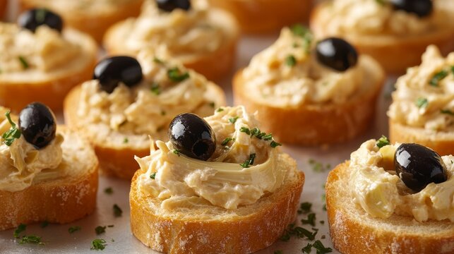 Toasted baguette slices are topped with a creamy herb spread, olives, and fresh herbs in the Creamy Herb Crostini with Olives, a dish that serves well as an appetizer or a snack