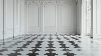 Fototapeta premium Bright and spacious, this empty room boasts hardwood floors and white paneled walls, making it ideal for sparking design inspiration or displaying furniture