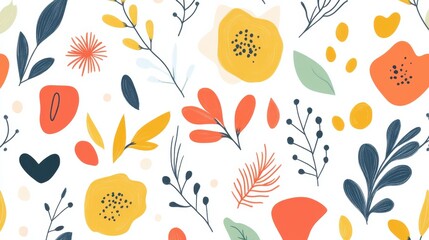 Colorful Floral Pattern with Leaves and Shapes on White Background