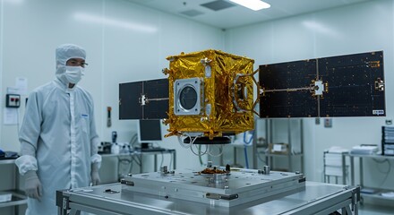Satellite Being Assembled by Scientist in Clean Room