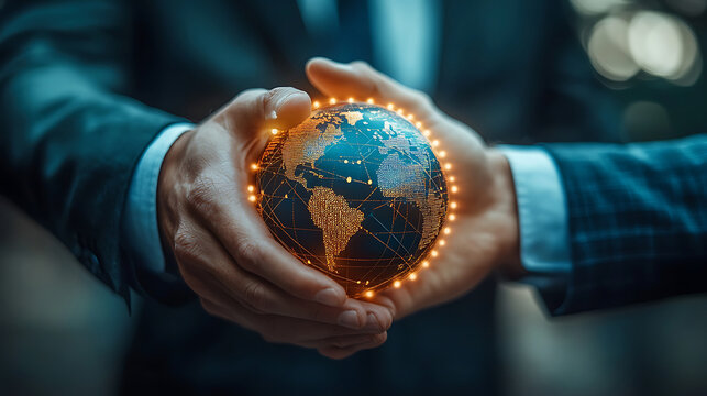 Businessman holding glowing digital globe in hands representing global business network connectivity and international cooperation and technology for global success