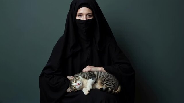 Woman in Black Burqa Gently Holding a Sleeping Tabby Cat on Her Lap in Front of Muted Dark Green Backdrop