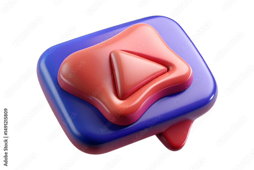 Poster abstract play button icon 3d render of glossy red and purple shapes