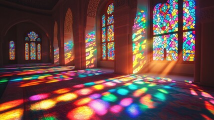 The serene mosque interior embodies peaceful architecture, featuring a golden dome illuminated by sunlight rays, creating a calm atmosphere within this spiritual space that symbolizes peace, faith,