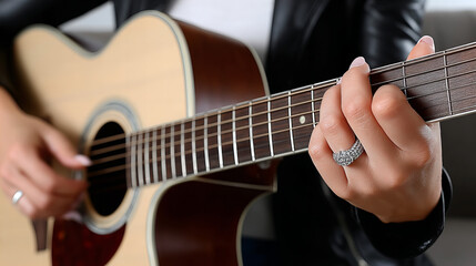 Obraz premium Guitarist playing acoustic guitar with focus on fingers and ring in a cozy indoor setting