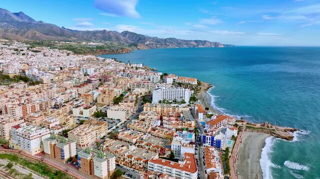 Aerial view drone photo Nerja skyline Malaga Costa del Sol Andalusia Spain