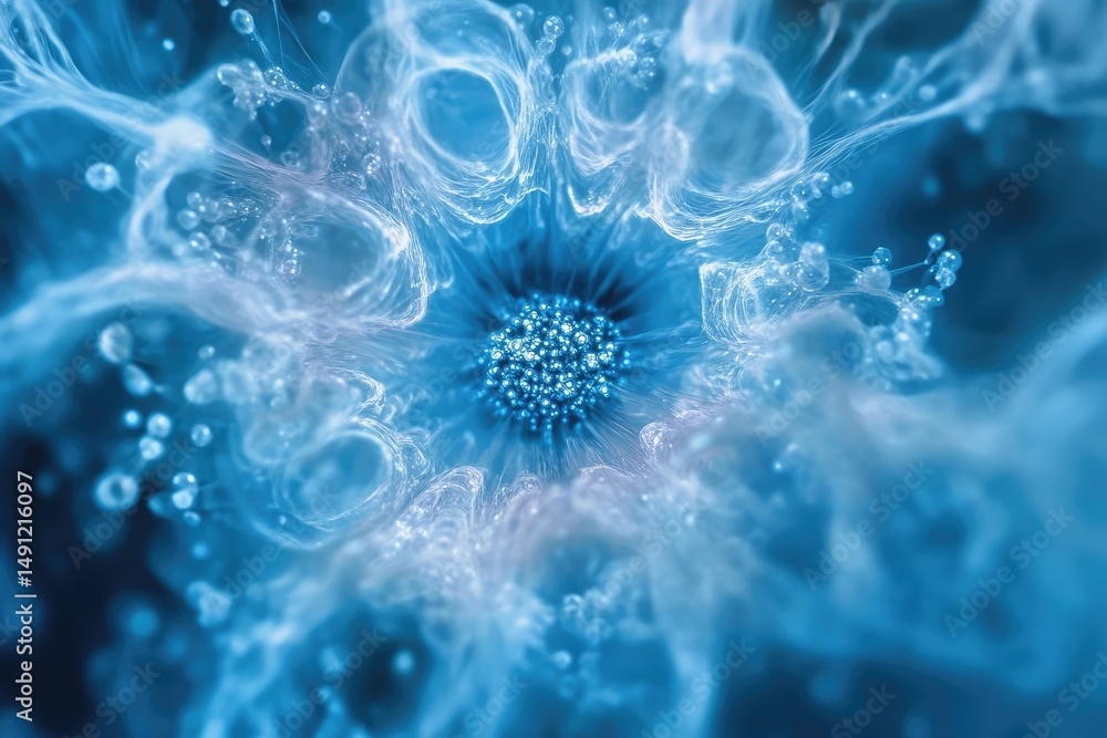 Wall mural abstract blue flower with swirling patterns and glowing center, resembling a cosmic nebula or micros