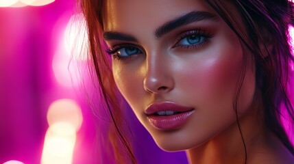 Naklejka premium A modern, fashionable woman's portrait, bathed in vibrant neon lights, symbolizes beauty, confidence, allure, and modern art