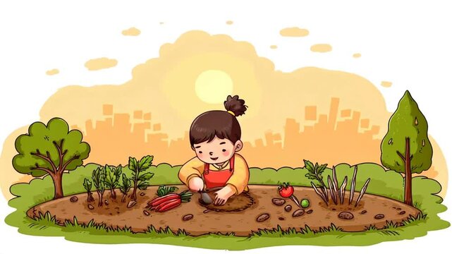Young Girl Tending Vegetable Garden with Lush Plants Carrot and Tomato with Cityscape Background in Warm Sunlight