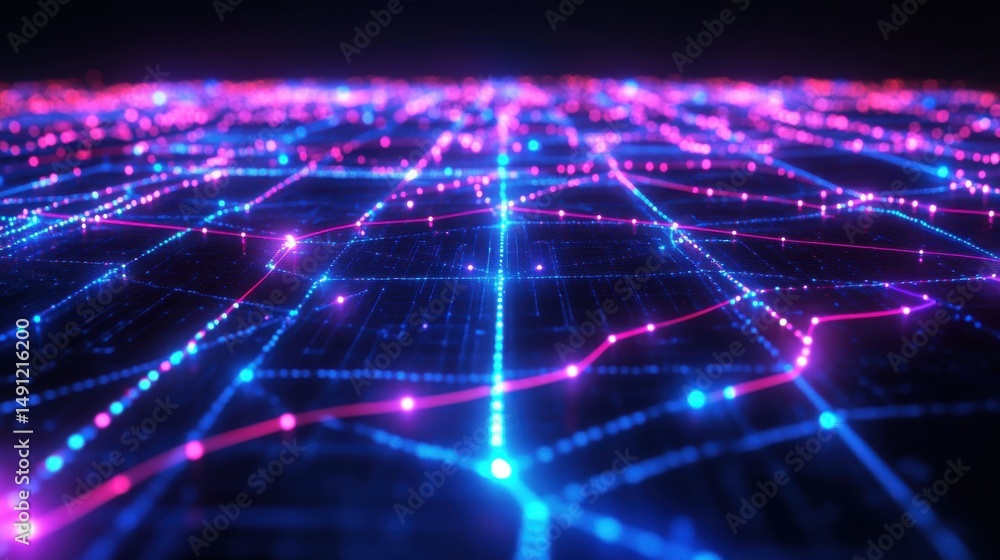 Poster abstract technology visualization with neon lines and dots