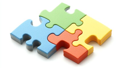 Obraz premium A single, brightly colored jigsaw puzzle piece lies isolated on a white surface.