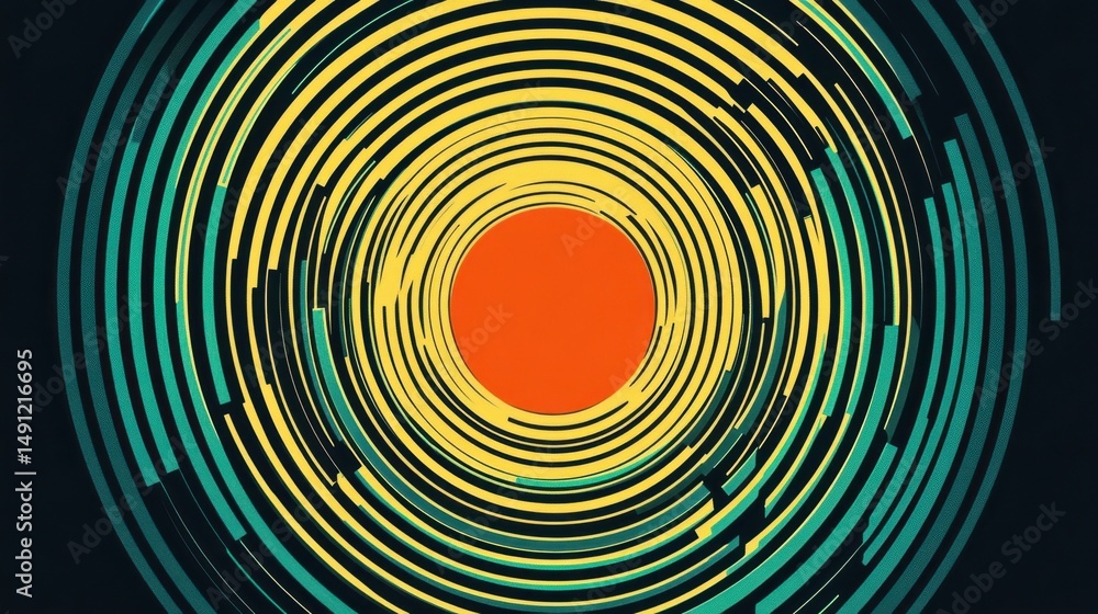 Poster circular patterns of vibrant colorful lines on a dark background
