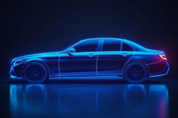 Obraz premium Futuristic electric car design is exemplified in a modern automotive illustration, where glowing blue lines stand out against a dark background