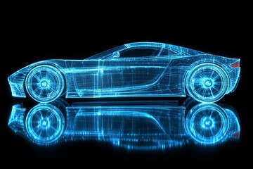 Naklejka premium Modern automotive design illustration featuring a futuristic electric car concept with sleek lines glowing blue on a dark background