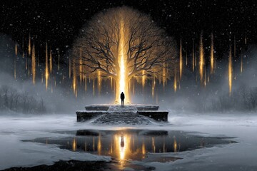 A lone figure stands before a glowing tree on snowy steps, surrounded by golden lights and reflections in a mystical winter landscape.