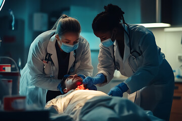 Two doctors examining a patient lying on a hospital bed in a brightly lit emergency room setting