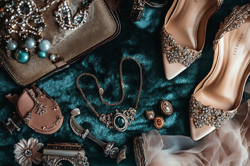 Elegant bridal accessories including jewelry and shoes arranged on a textured teal surface