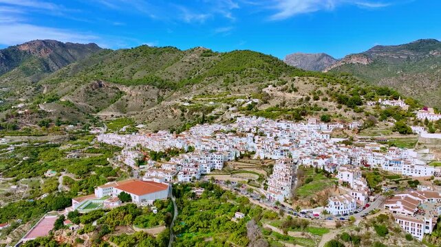 Aerial view drone Frigiliana white village Malaga Andalusia Spain