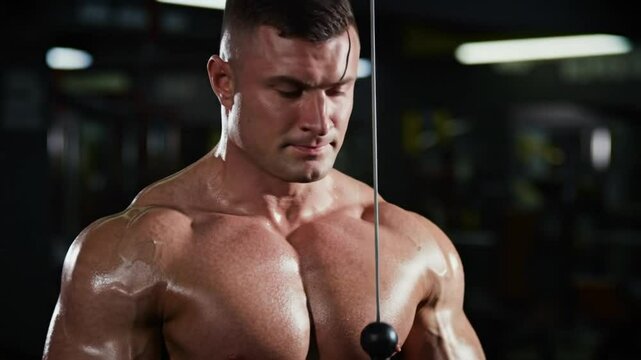 Strong man performing cable triceps pushdown exercise in a gym during evening workout session