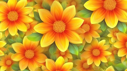 Fototapeta premium Vibrant Orange Floral Pattern with Bright Yellow Petals and Green Leaves