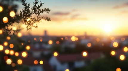 Soft Sunset Glow with Bokeh Lights Over Cityscape View