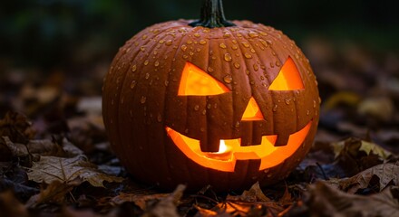 Glowing Jack O' Lantern with Raindrops Sitting on Fallen Leaves for Halloween