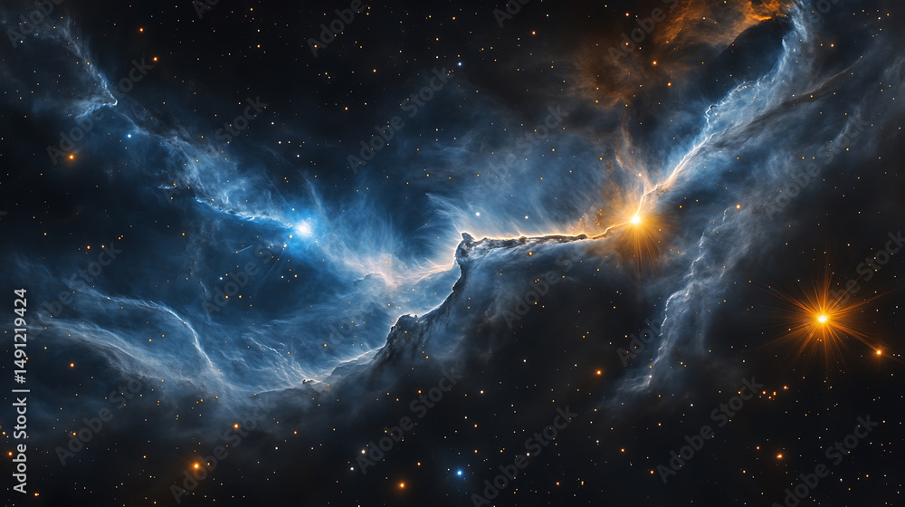 Aufkleber captivating blue and gold nebula in deep space with a cluster of glimmering stars scattered across a
