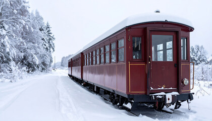 Fototapeta premium A vintage train car sits stationary amidst a snowcovered landscape. Perfect for concepts of travel, history, winter scenery, solitude, or a peaceful escape, it evokes nostalgia and wonder.