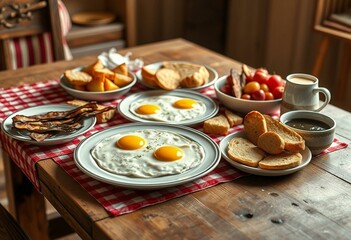 Fototapeta premium Hearty breakfast spread on rustic table